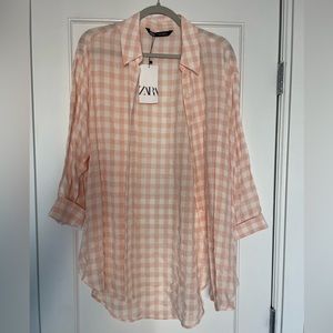 Zara Pink Gingham Oversized Button-Down Shirt (size S)
